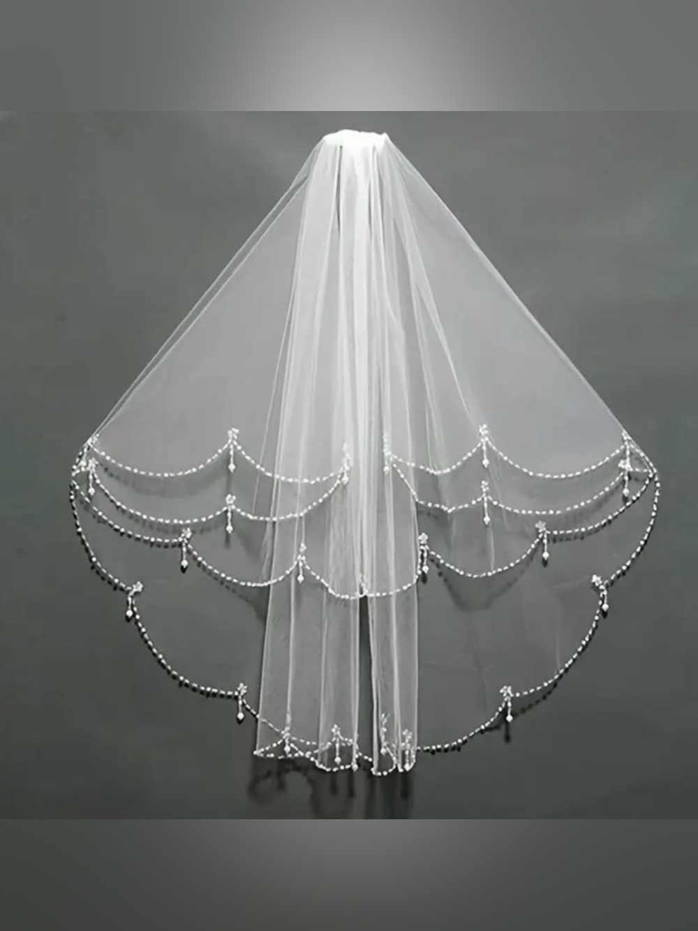 Elegant White Bridal Veil with Beaded Scallop Trim